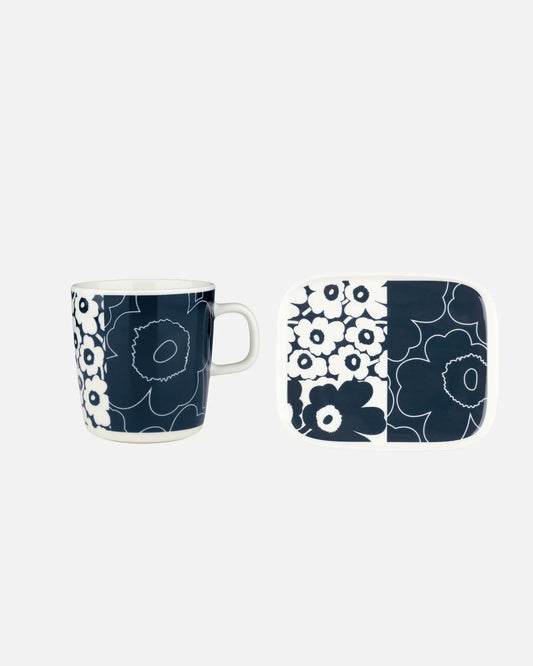 Oiva Unikko Kollaasi Mug & Plate Set (White, Dark Blue)