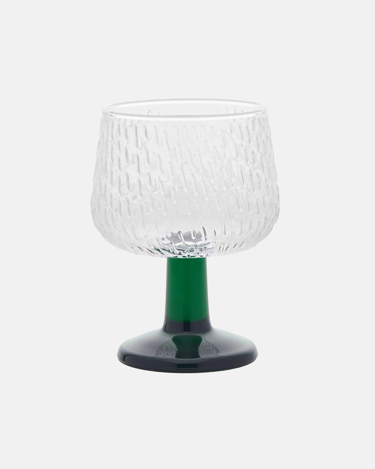 Marimekko Syksy 250ml mouth blown clear glass goblet with green stem on white background
