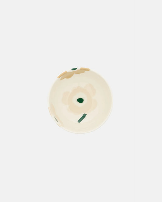Aerial view of Marimekko Oiva Unikko 300ml stoneware bowl in beige light sand and dark green