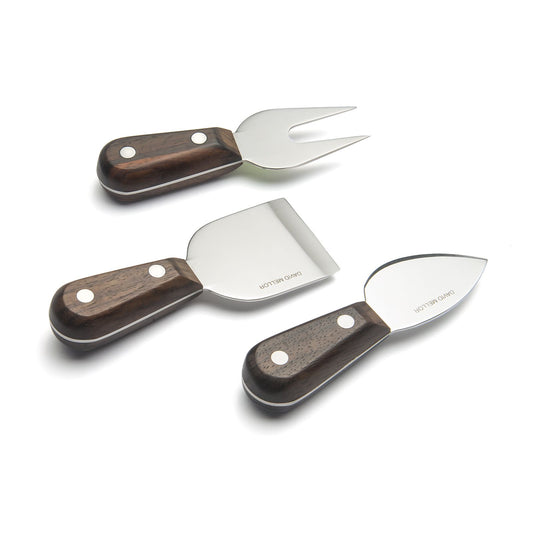 Side view of David Mellor Rosewood Cheese Knife 3-piece set with fork, spade, and knife.