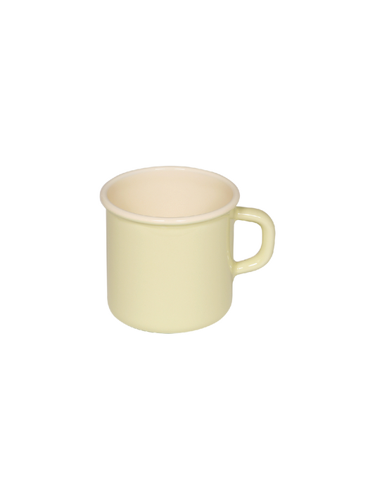 Side-angle view of the Riess 375ml porcelain enamel mug in a vibrant lemon yellow, showcasing its classic, industrial chic silhouette.