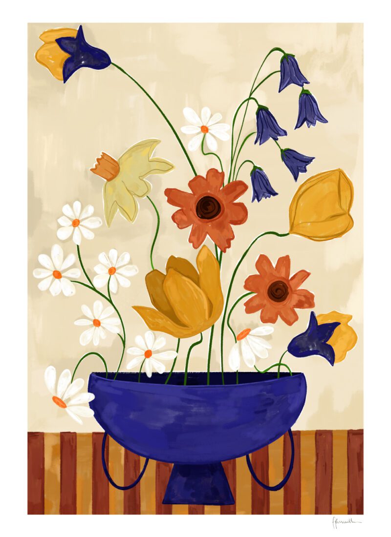 Art print Colourful Bunch in Blue Vase by Frankie Penwill, exclusively created for The Poster Club.