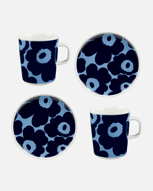 Oiva / Unikko Mug and Plate Set (White, Dark Blue, Light Blue)