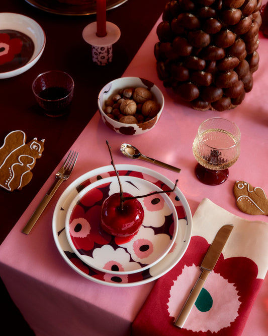 Marimekko Oiva / Unikko Fall Winter 2026 collection in a Holiday festival table setting.