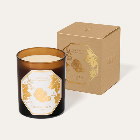 Carrière Frères Chestnut Scented Candle in a brown-tinted glass jar with botanical label.