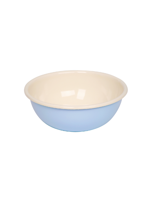 Side-angle view of the Riess 18cm porcelain enamel bowl in a soft lavender blue, showcasing its classic, industrial chic silhouette.