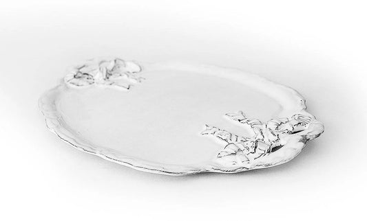 Side-angle of CARRON Paris large Marie-Antoinette white ceramic serving platter with handle detail