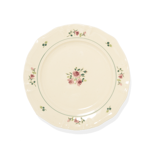 A pack shot of Studio M' Rosier Plate 20cm in a warm, subtle beige glaze, featuring a vintage-inspired red rose motif and an elegantly tiered, hand-painted rim.