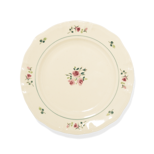 A pack shot of Studio M' Rosier Plate 24cm in a warm, subtle beige glaze, featuring a vintage-inspired red rose motif and an elegantly tiered, hand-painted rim.