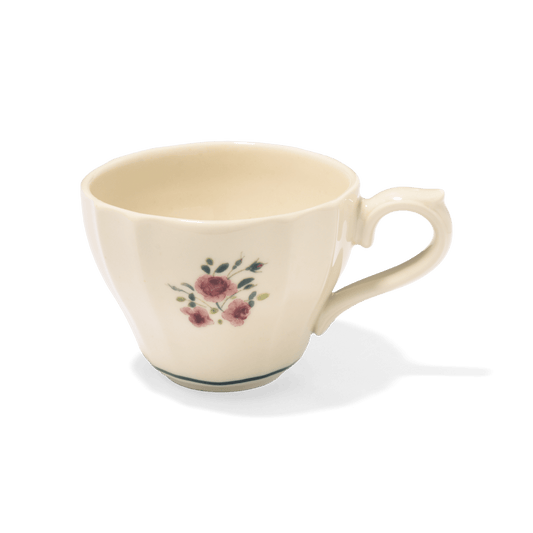 A pack shot of Studio M' Rosier Mug in a warm, subtle beige glaze, featuring a vintage-inspired red rose motif and an elegantly hand-painted rim.