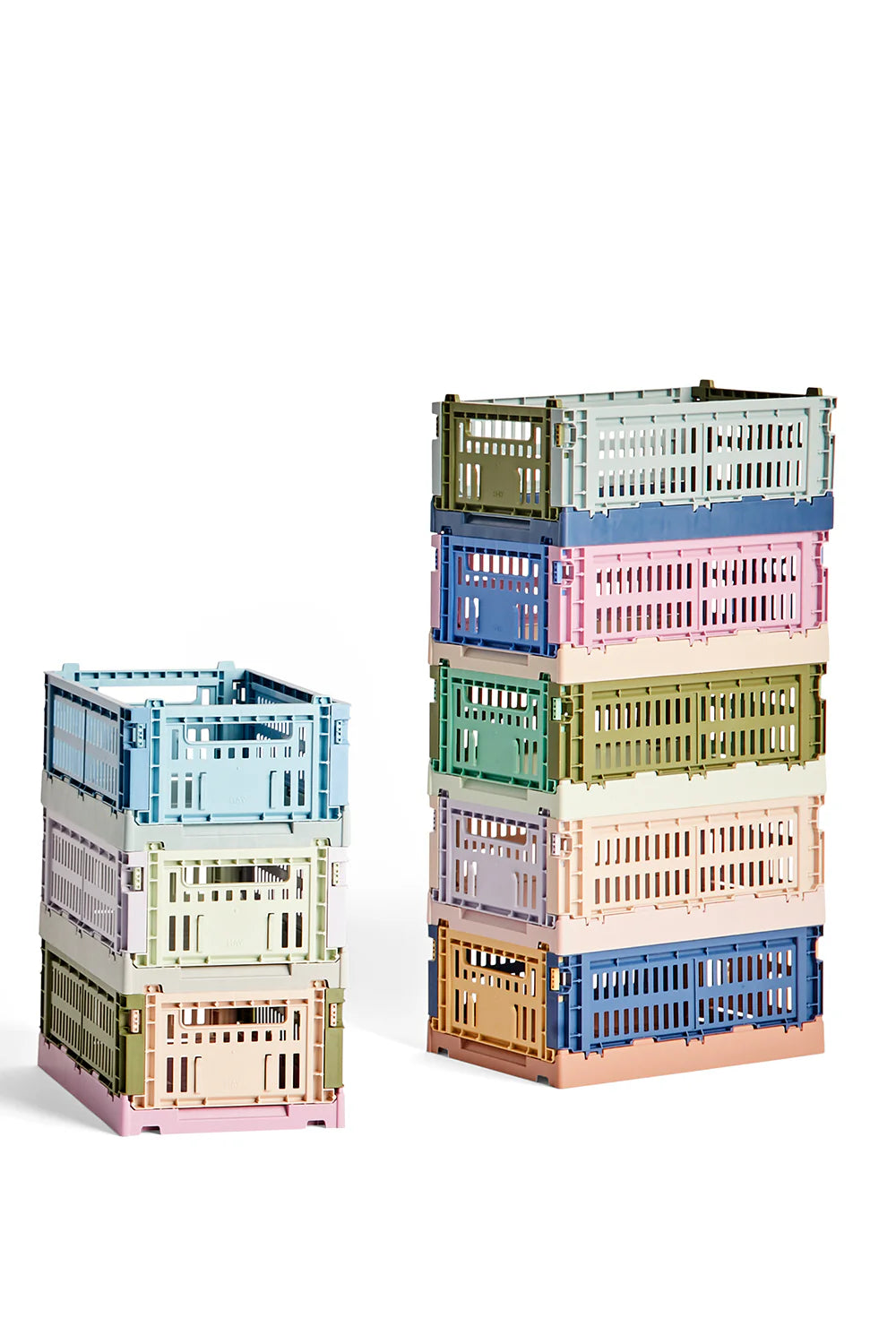A pack shot of the HAY colour crate collection available in multiple colours and sizes. 