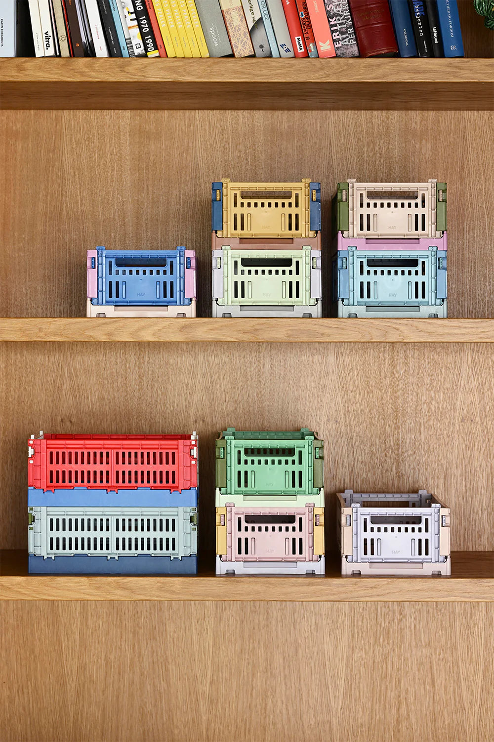 A shot of the collection of HAY crates, in multiple colours and sizes. 