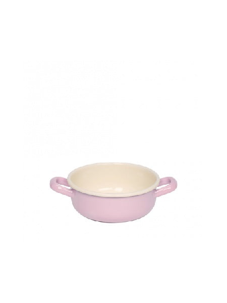 Side-angle view of the Riess 14cm porcelain enamel bowl in a soft pink, showcasing its robust, industrial chic silhouette.