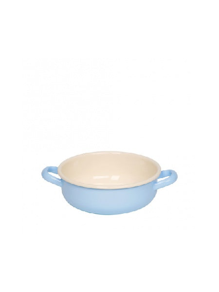Side-angle view of the Riess 18cm porcelain enamel bowl in a classic blue, showcasing its robust, industrial chic silhouette.