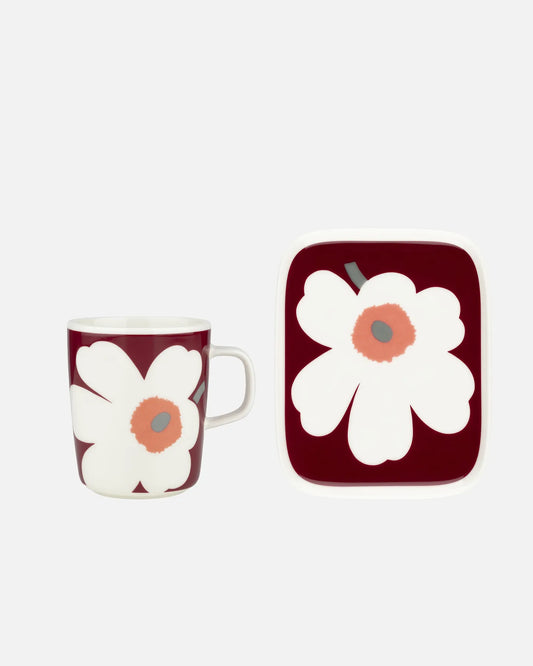 Unikko Anniversary Mug and Plate Set (White, Dark Cherry, Ash Grey)