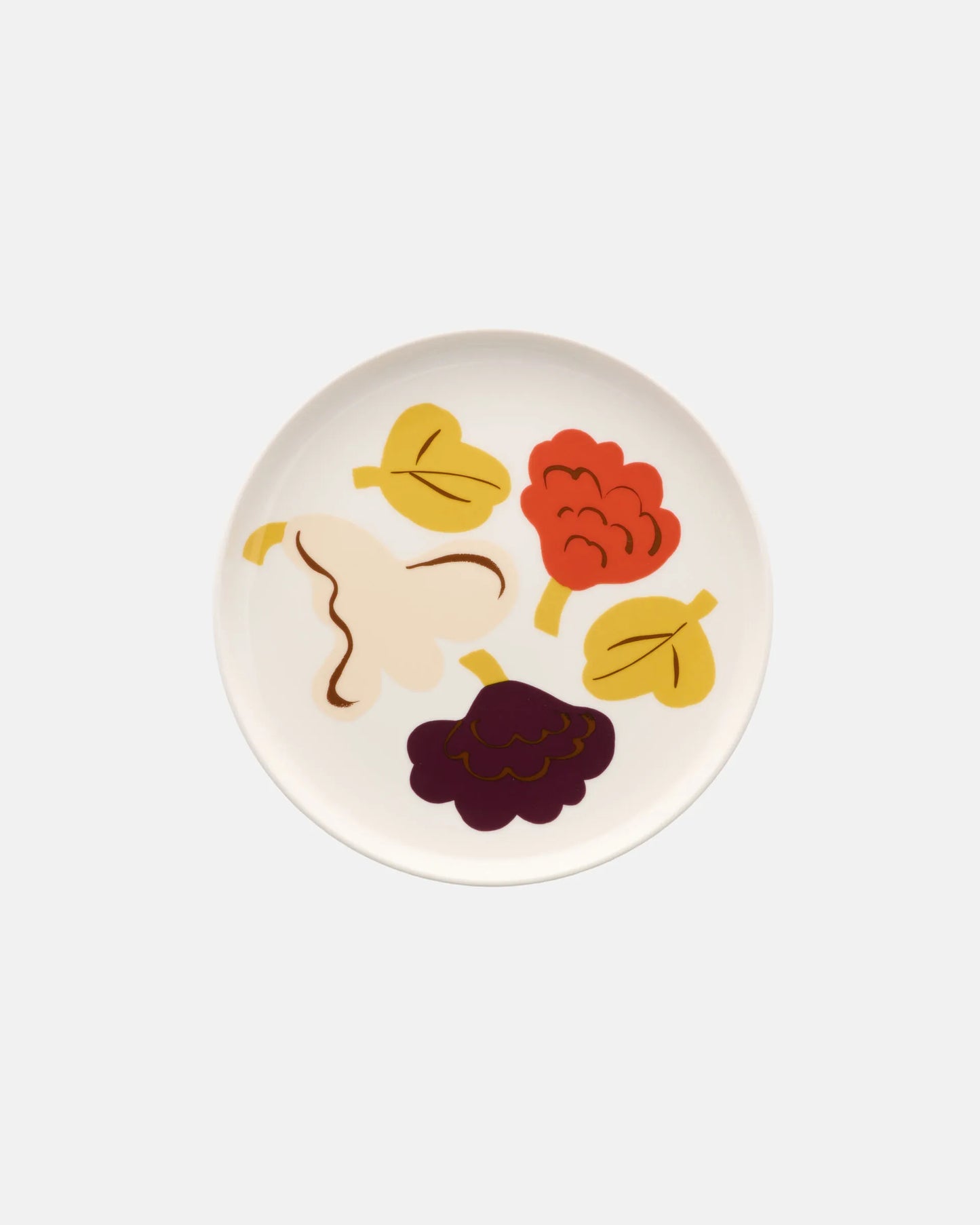 Overhead view of the Marimekko Oiva 20cm white stoneware plate featuring the Kukasta Kukkaan abstract floral and leaf pattern in terracotta, vanilla, and plum.