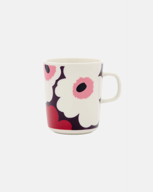 Marimekko Oiva Unikko 250ml stoneware mug in white plum cranberry and pink
