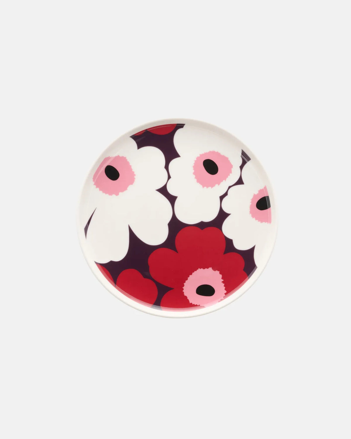 Marimekko Oiva Unikko 20cm stoneware side plate in white plum cranberry and pink