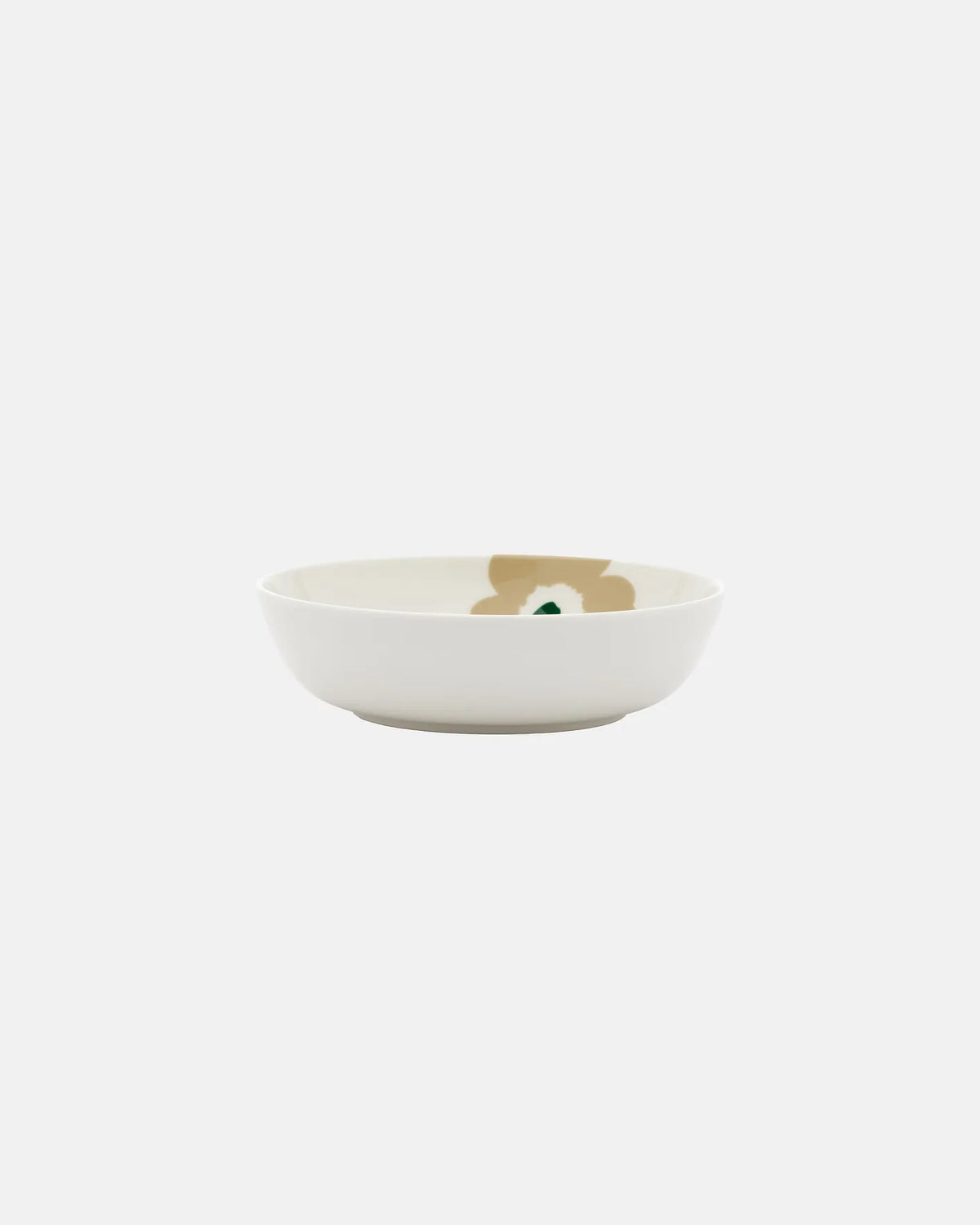 Side view of Marimekko Oiva Unikko 16cm stoneware dish in beige sand and dark green