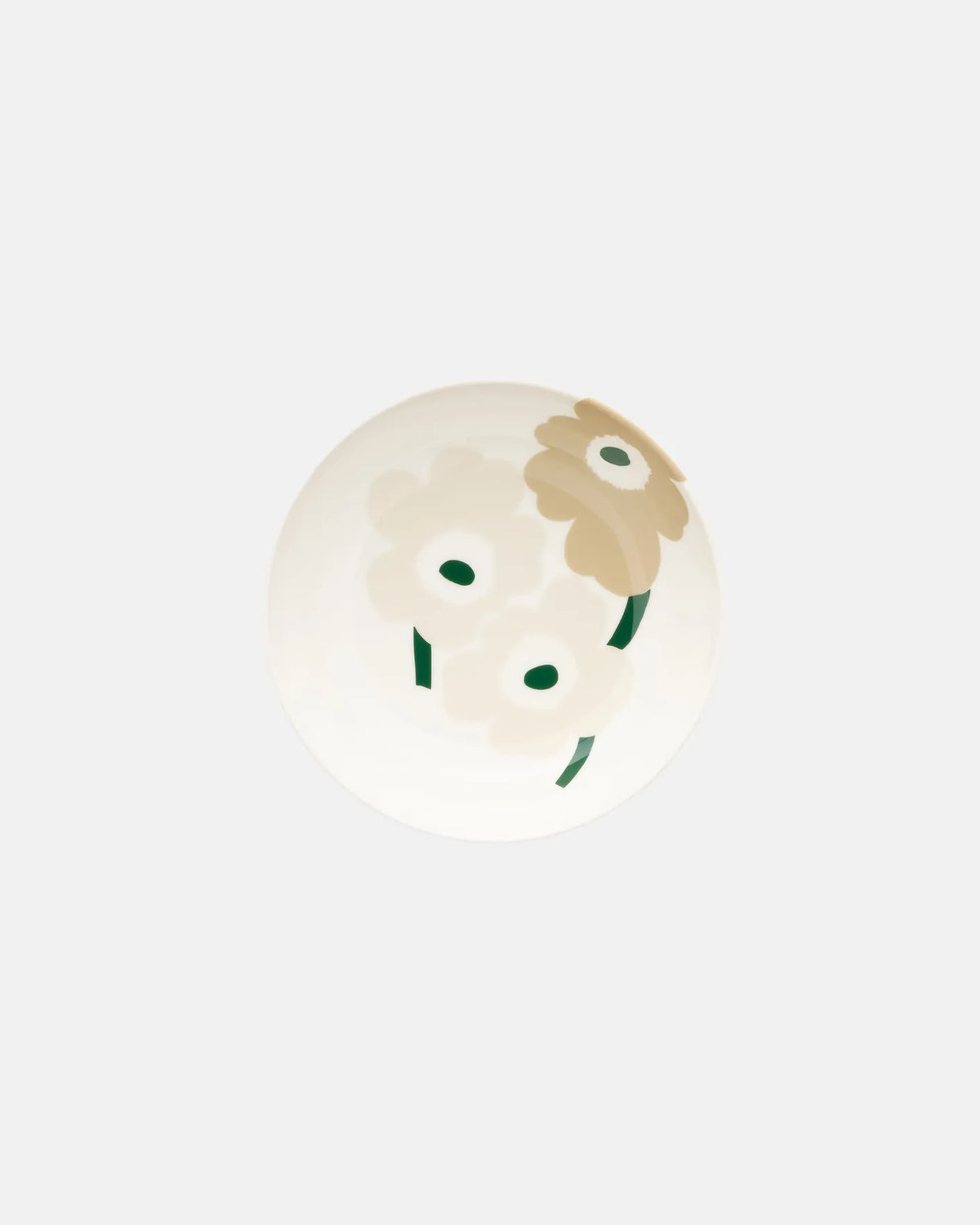 Aerial view of Marimekko Oiva Unikko 16cm stoneware dish in beige sand and dark green