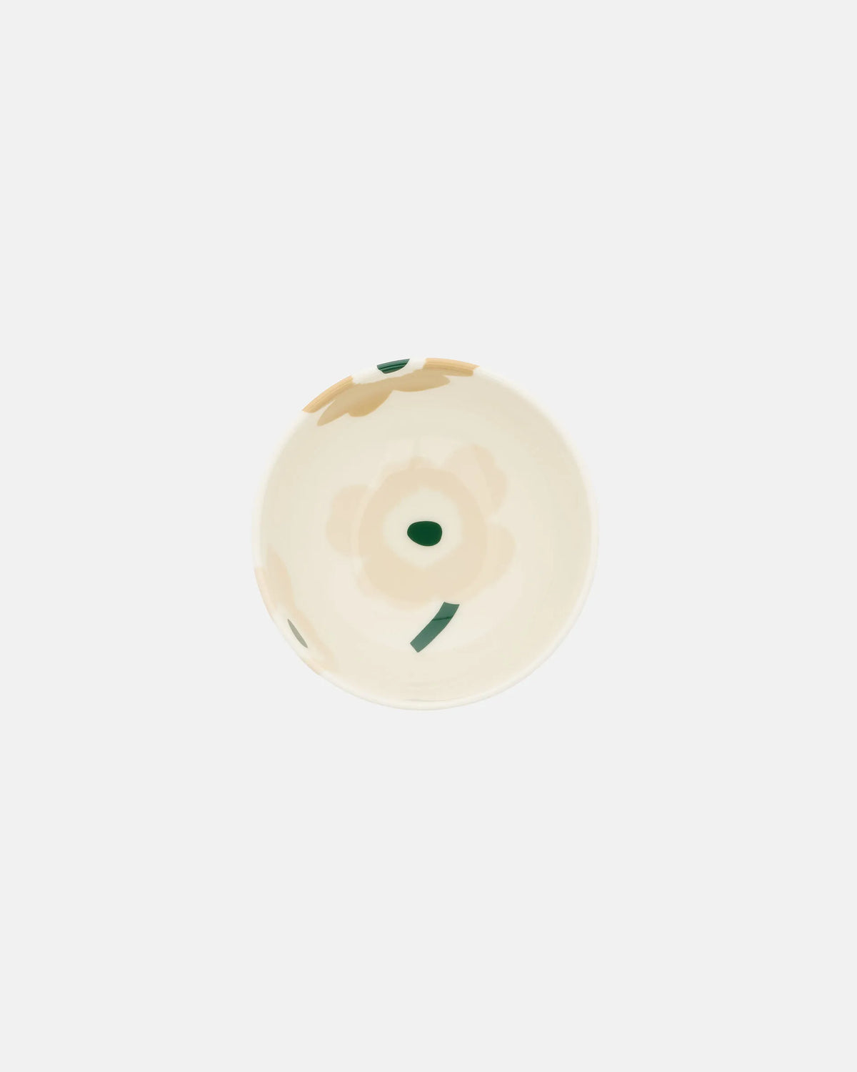 Aerial view of Marimekko Oiva Unikko 300ml stoneware bowl in beige light sand and dark green
