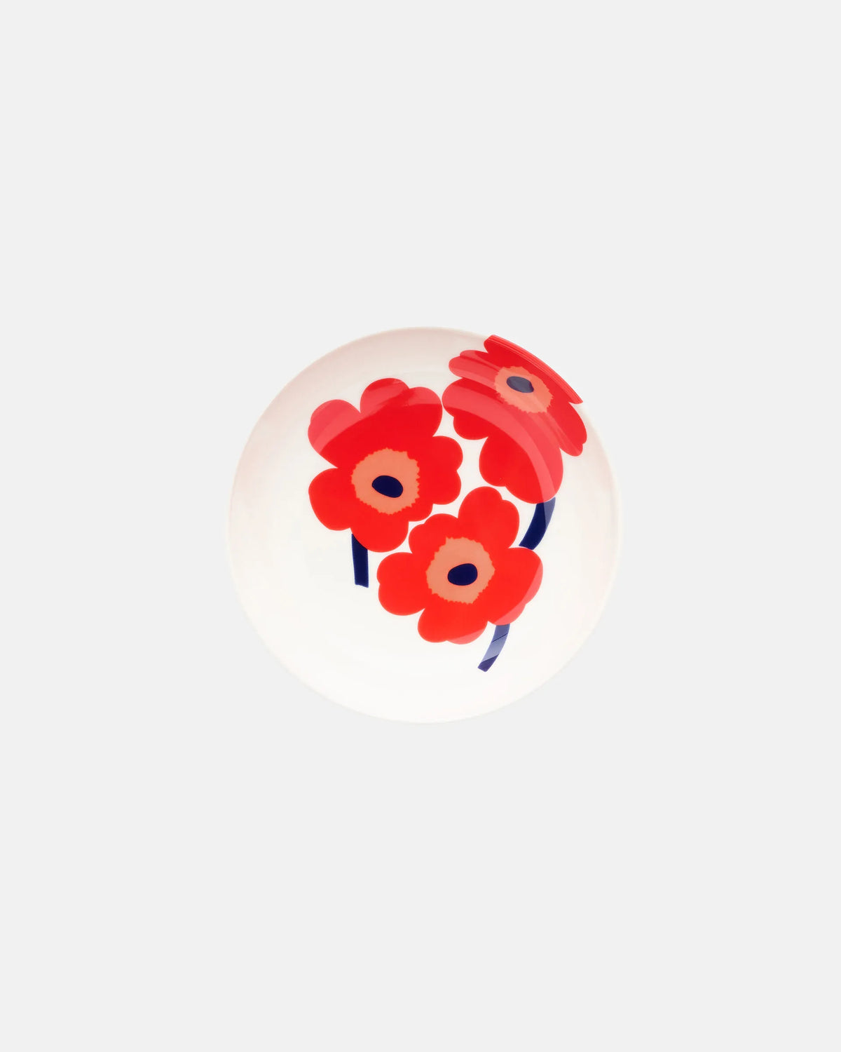 Aerial angle of Marimekko Oiva Unikko 16cm stoneware deep dish in vibrant white red and blue