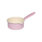 Side view of the Riess 500ml porcelain enamel saucepan with spout in a soft pastel pink, highlighting its glossy finish and classic industrial chic silhouette.