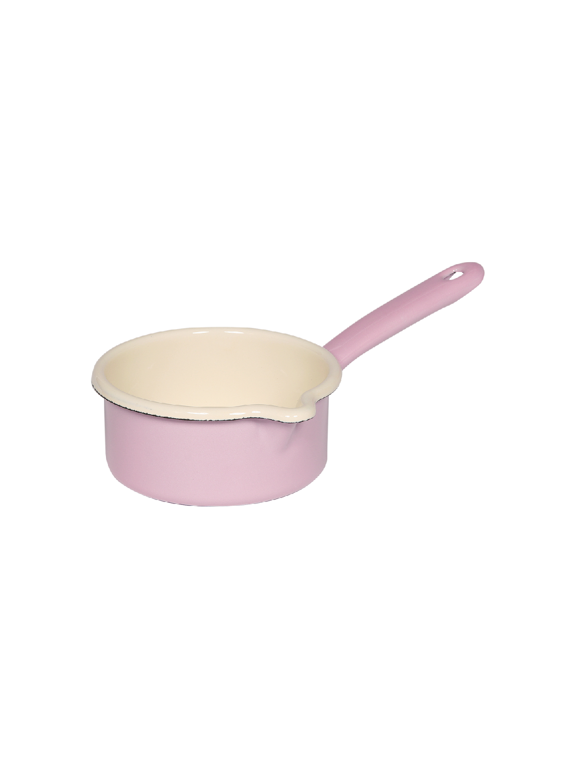 Side view of the Riess 500ml porcelain enamel saucepan with spout in a soft pastel pink, highlighting its glossy finish and classic industrial chic silhouette.