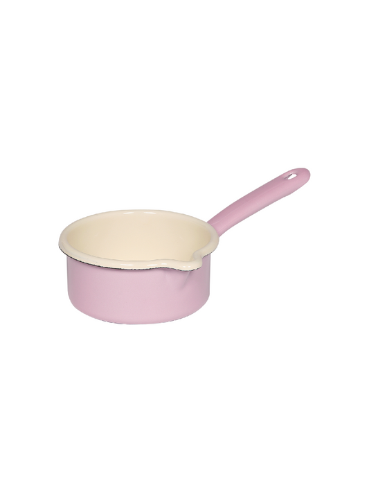 Side view of the Riess 500ml porcelain enamel saucepan with spout in a soft pastel pink, highlighting its glossy finish and classic industrial chic silhouette.