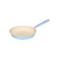 Side view of the Riess 20cm porcelain enamel omelette pan in a soft lavender blue, showcasing its classic, industrial chic silhouette.