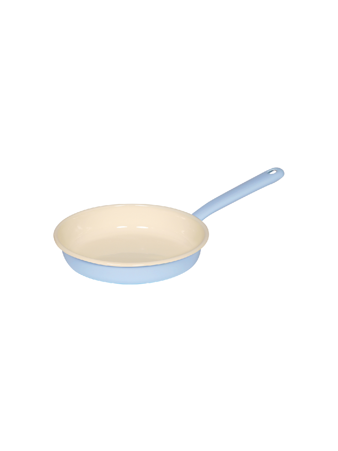 Side view of the Riess 20cm porcelain enamel omelette pan in a soft lavender blue, showcasing its classic, industrial chic silhouette.
