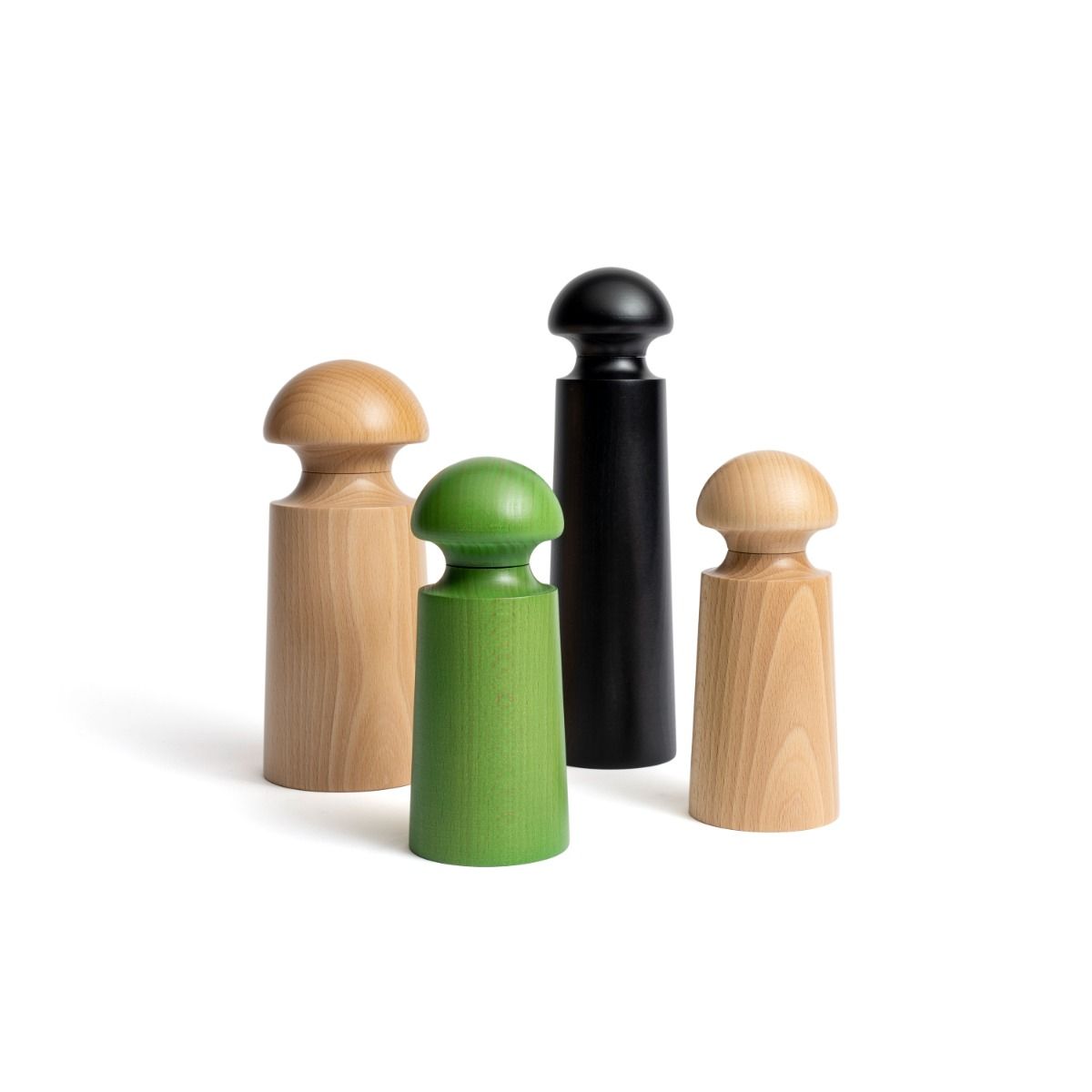 A Set of David Mellor lacquered beechwood salt and pepper mills in different colours and sizes.