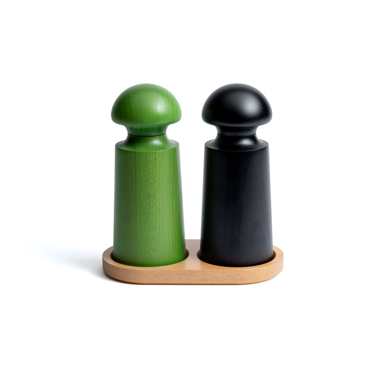 David Mellor small green lacquered beechwood salt and pepper mill paired with black mill on white background
