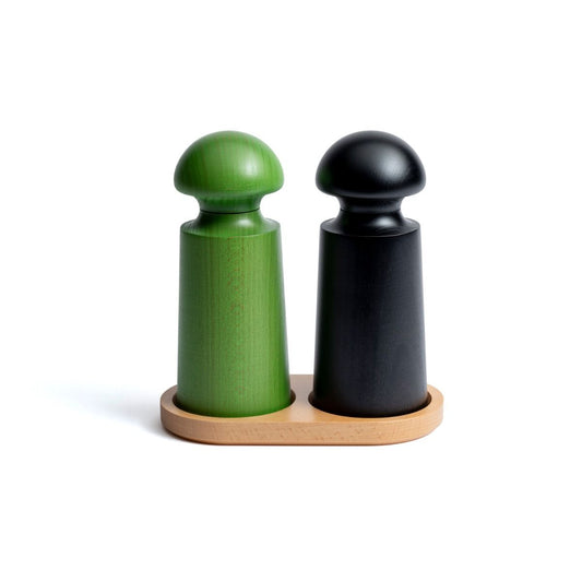 David Mellor small green lacquered beechwood salt and pepper mill paired with black mill on white background