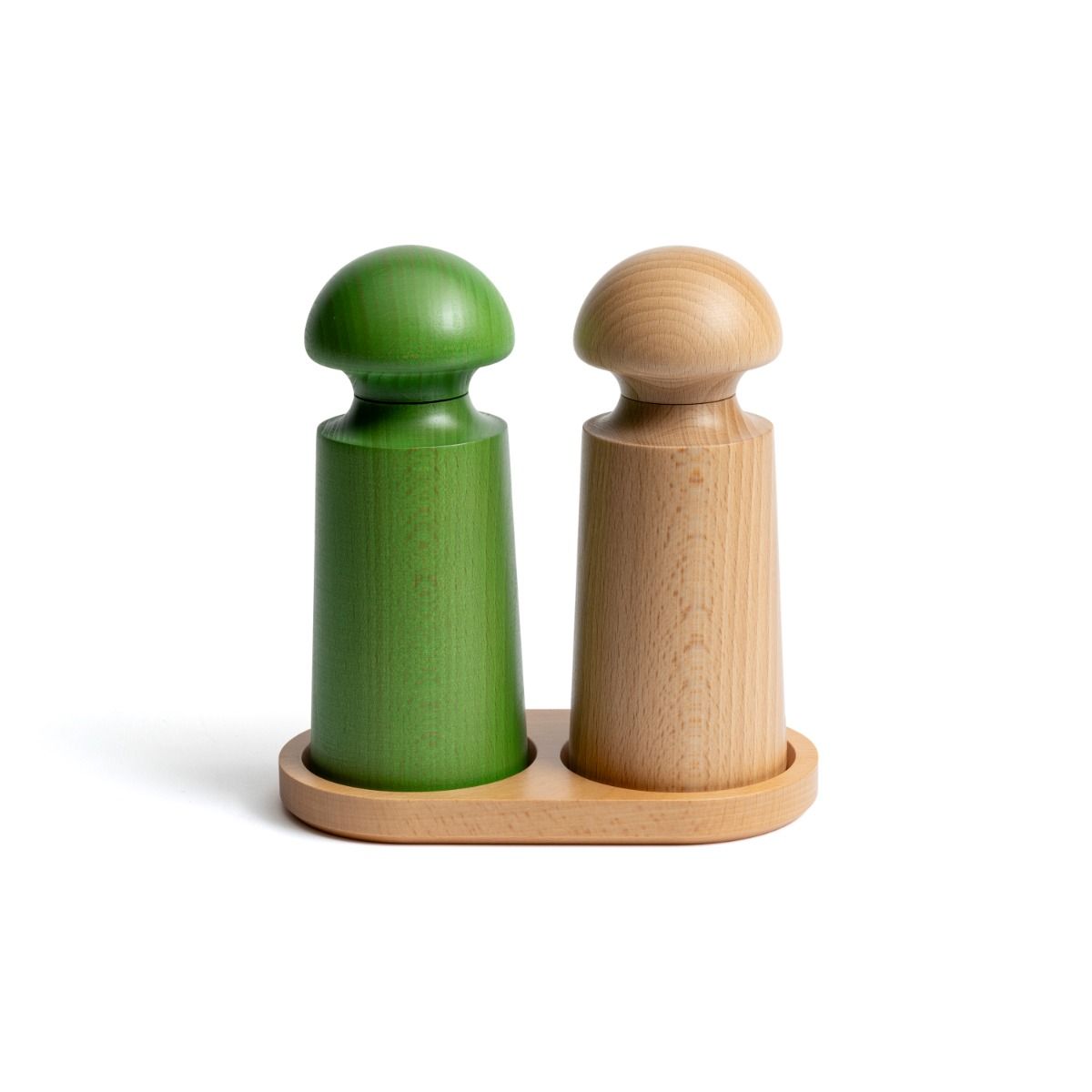 David Mellor small green lacquered beechwood salt and pepper mill paired with wooden mill on white background