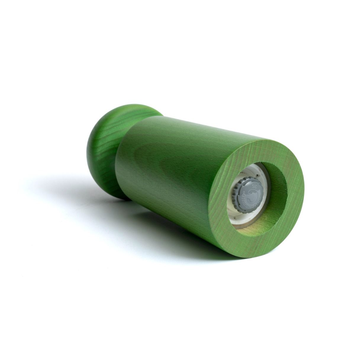 Detail of stainless steel adjustment knob and green lacquered beechwood on David Mellor mill