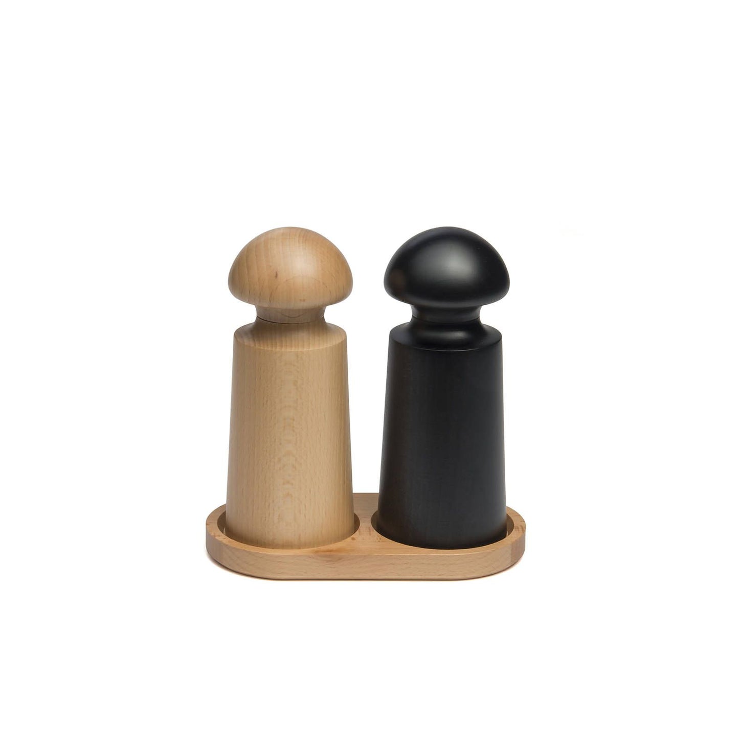 David Mellor small black lacquered beechwood salt and pepper mill paired with wooden mill on white background