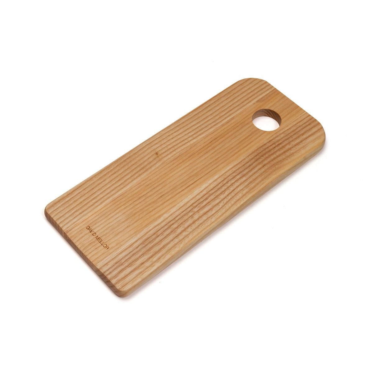 Side view of David Mello small ash cutting board with hole.