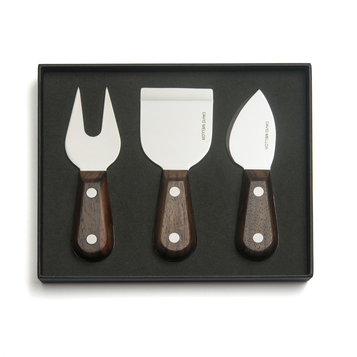 David Mellor Rosewood Cheese Knife 3-piece set with fork, spade, and knife in gift box