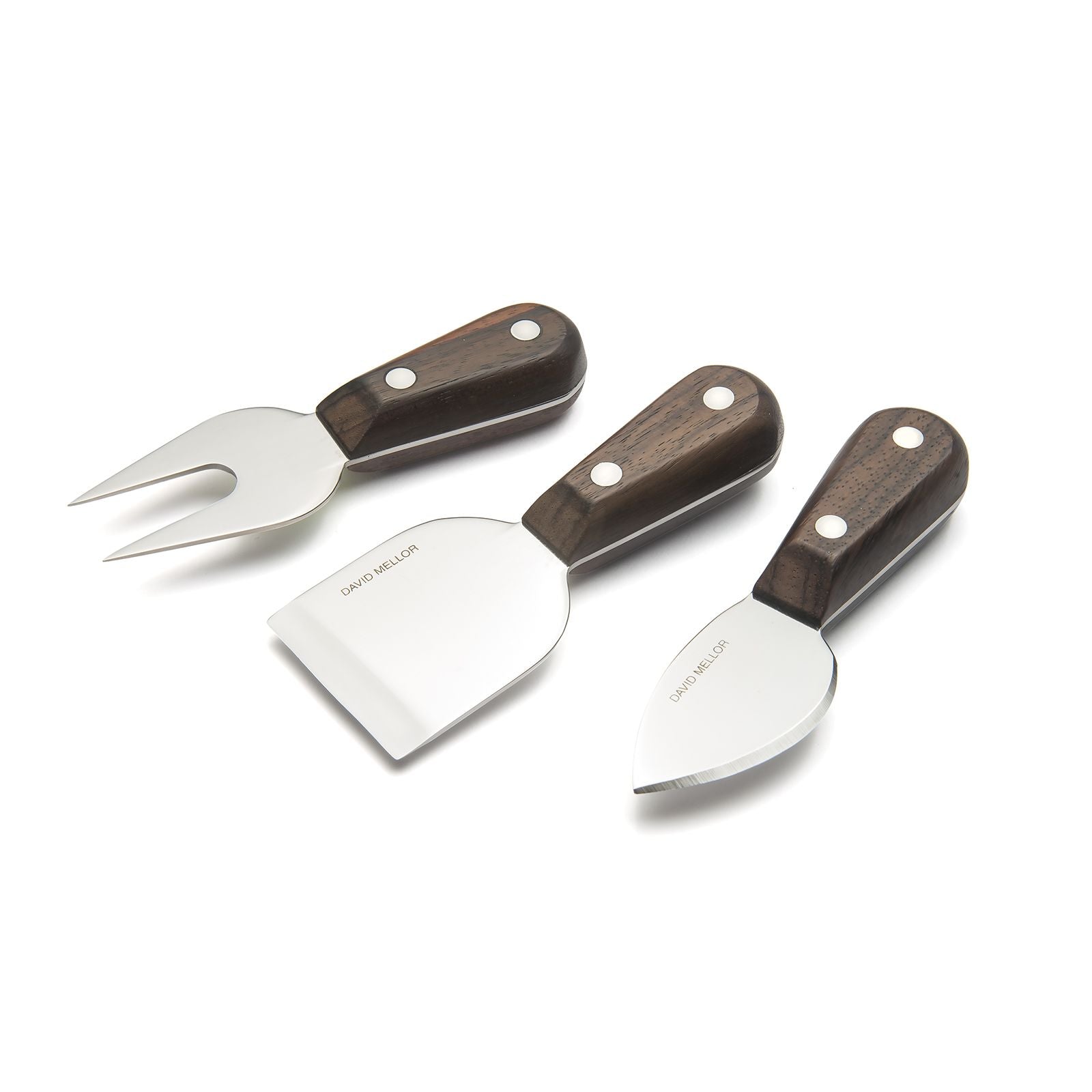 Close-up of David Mellor Rosewood Cheese Knife 3-piece set with fork, spade, and knife.