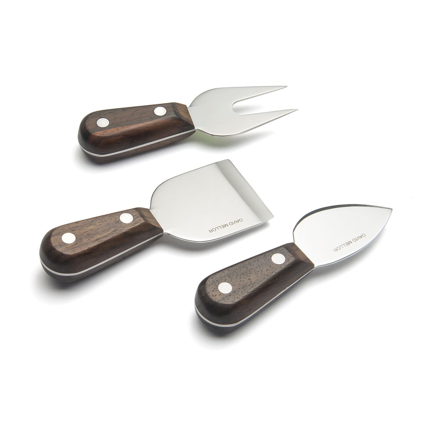 Side view of David Mellor Rosewood Cheese Knife 3-piece set with fork, spade, and knife.