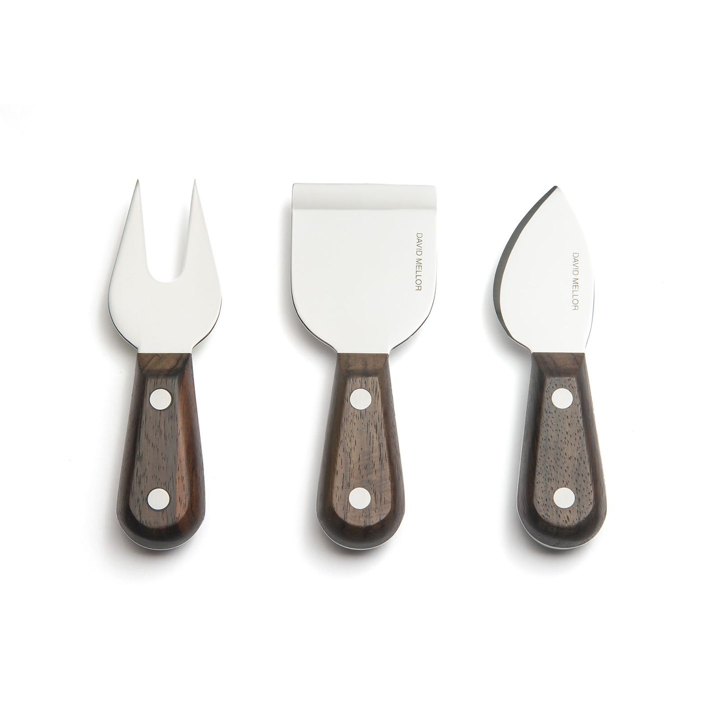 Pack shot of David Mellor Rosewood Cheese Knife 3-piece set with fork, spade, and knife.