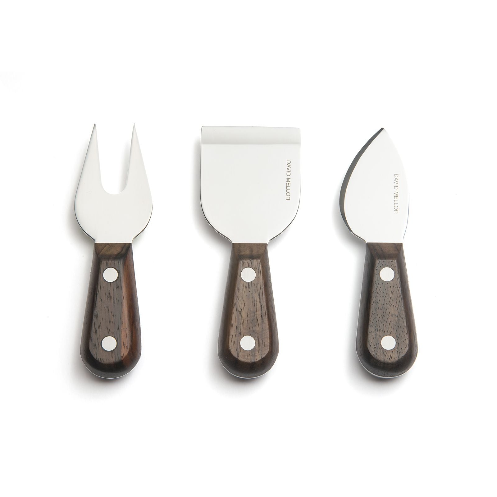 Pack shot of David Mellor Rosewood Cheese Knife 3-piece set with fork, spade, and knife.