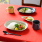 Studio M Karil 25cm oval earthenware plates in ecru colour serving curry and rice next to an earthware mug on a red table cloth.