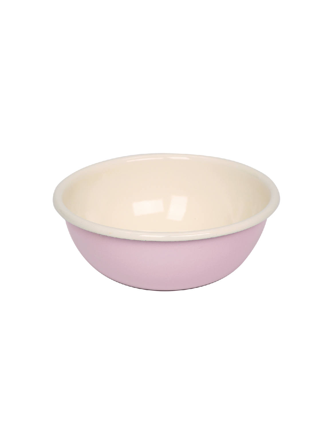Side-angle view of the Riess 14cm porcelain enamel bowl in a soft pastel pink, showcasing its classic, industrial chic silhouette.