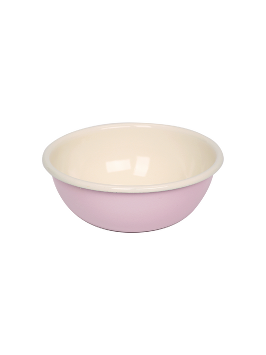 Side-angle view of the Riess 14cm porcelain enamel bowl in a soft pastel pink, showcasing its classic, industrial chic silhouette.