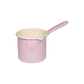 Side view of the Riess 1L porcelain enamel milkpan with spout in a soft pink, showcasing its classic, industrial chic silhouette.