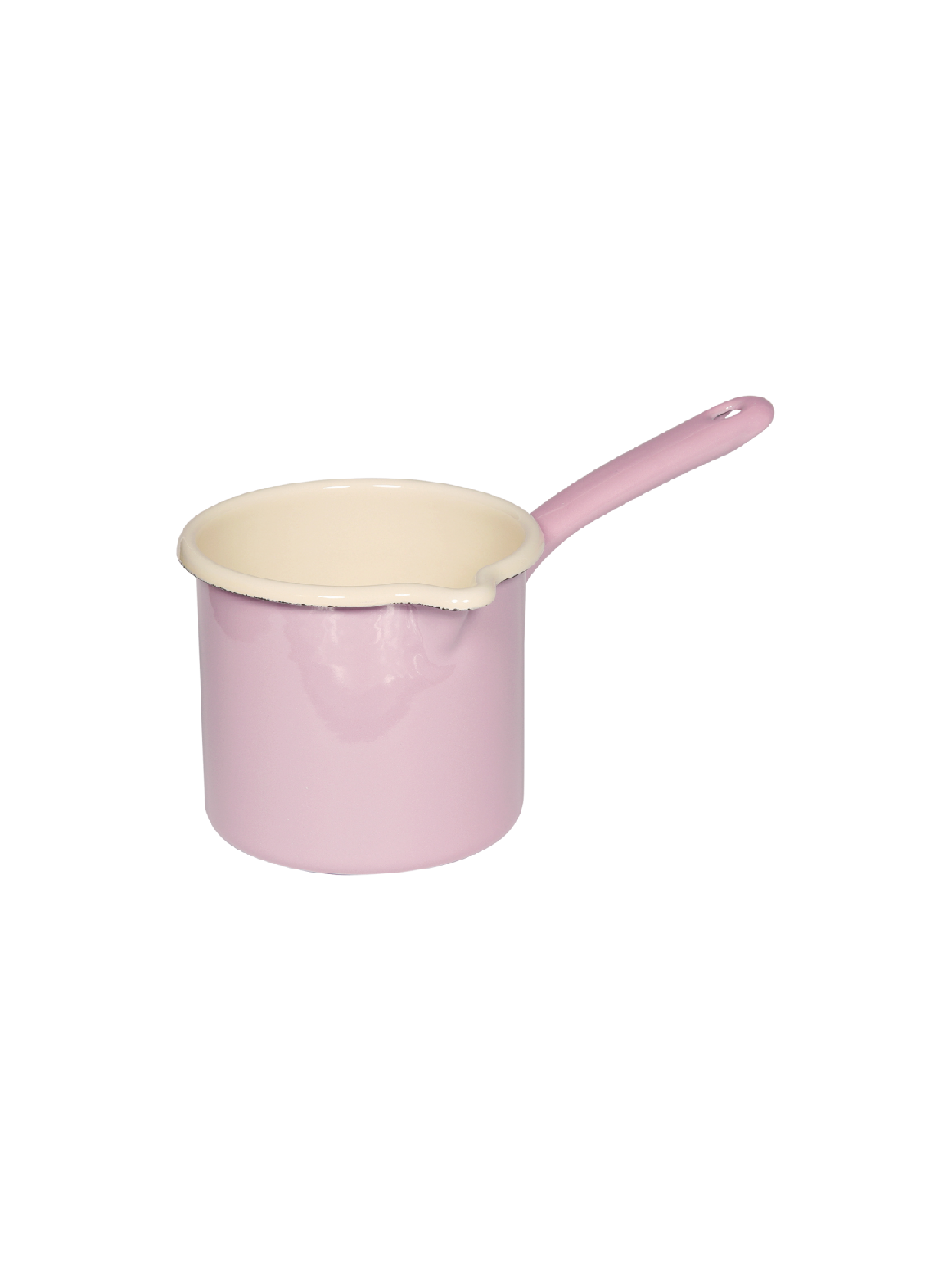 Side view of the Riess 1L porcelain enamel milkpan with spout in a soft pink, showcasing its classic, industrial chic silhouette.
