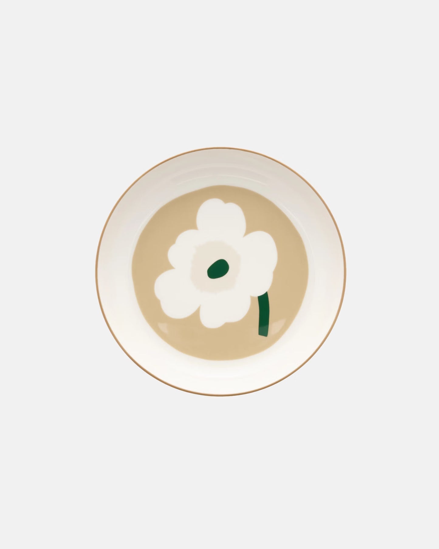 Overhead view of the Marimekko Oiva 20.5cm white stoneware deep plate featuring the iconic Unikko poppy print in dark green, beige, and light sand.