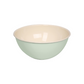 Side view of the Riess 22cm porcelain enamel fruit and salad bowl in a soft light green, showcasing its classic, industrial chic silhouette.